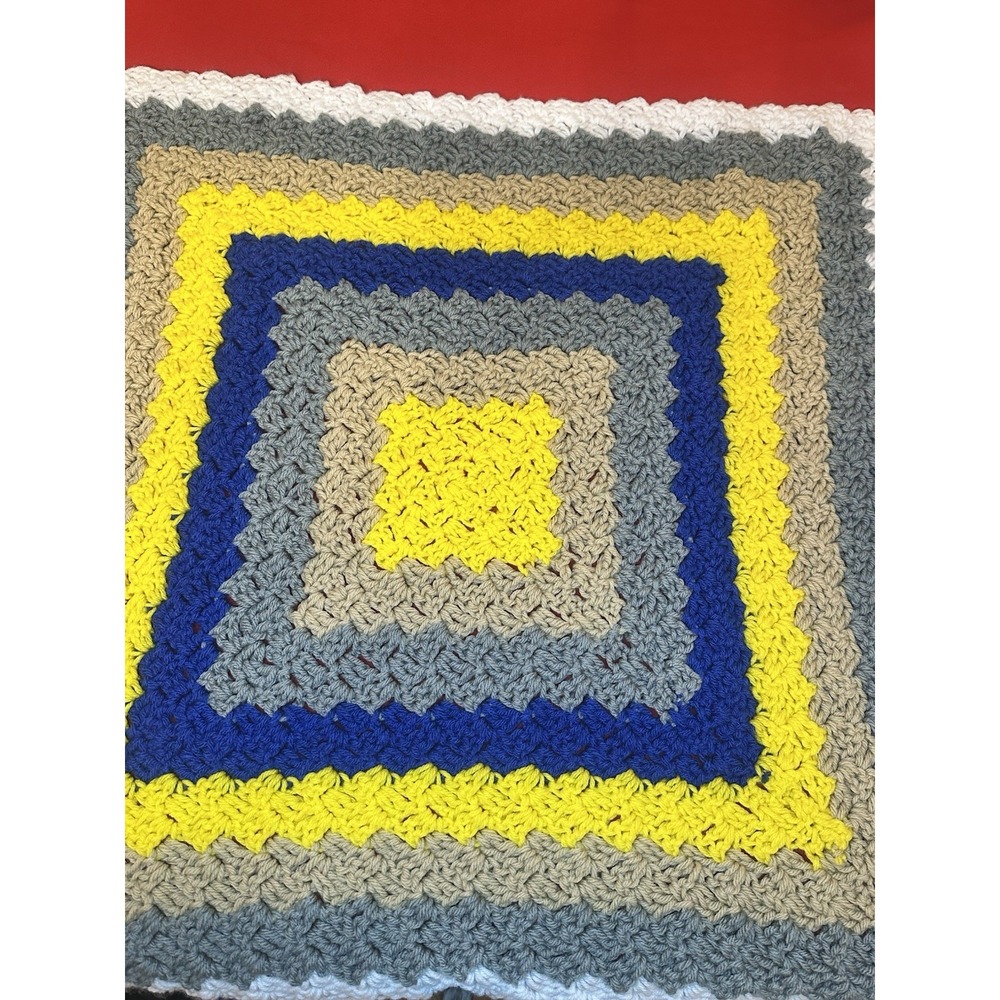 Crocheted Lap Blanket Gray Brown Yellow Blue Small